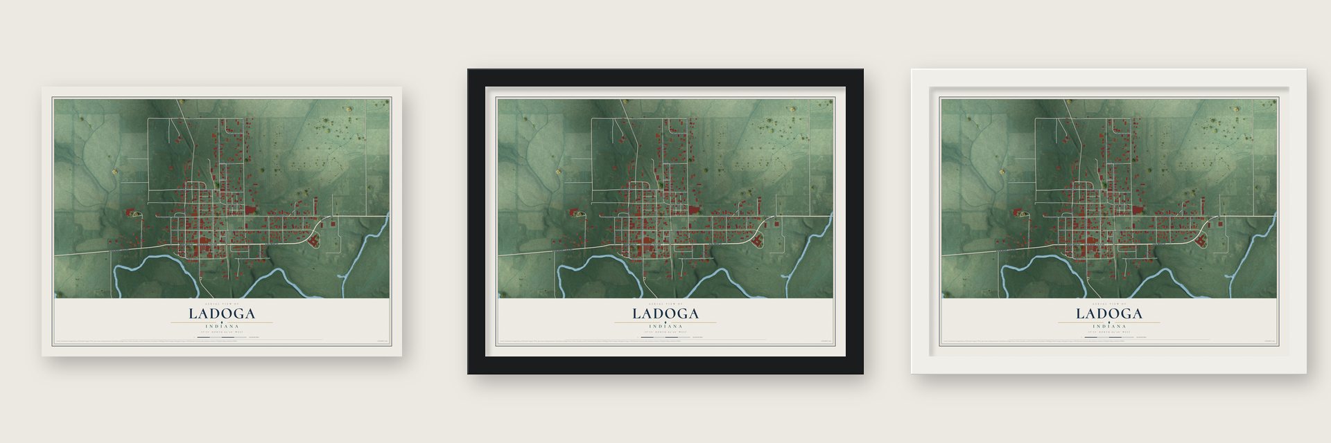 Ladoga, Indiana map unframed, in a black wood frame and in a white wood frame