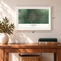 Ladoga, Indiana map, 12 x 18 inch print in a white frame in an entryway