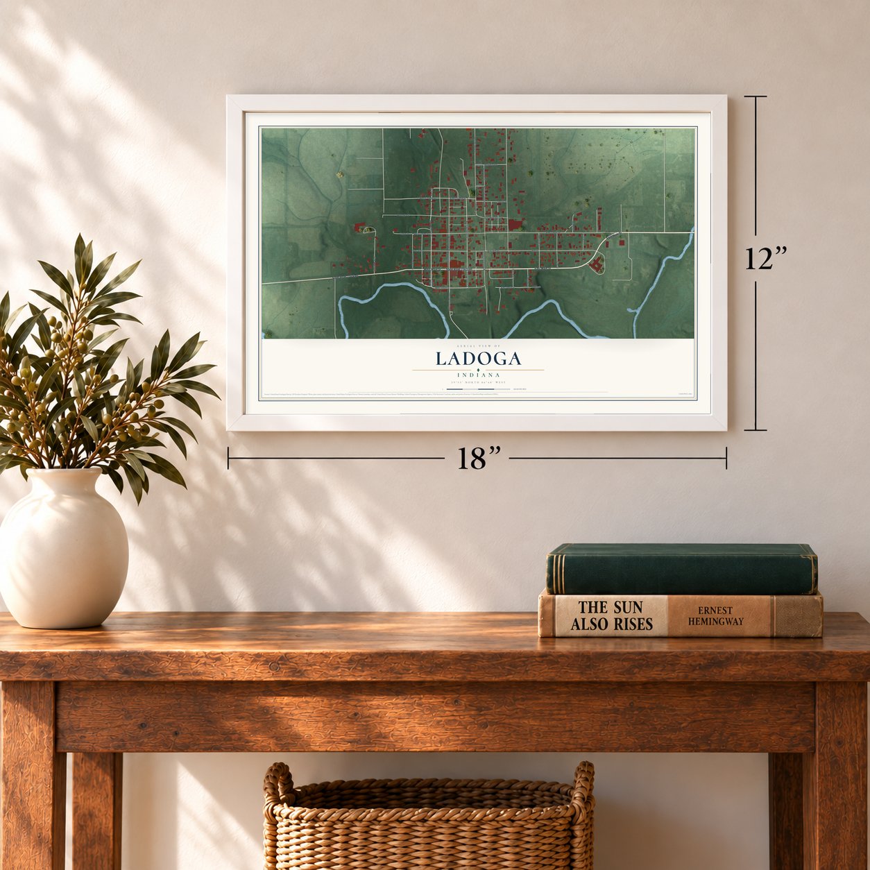 Ladoga, Indiana map, 12 x 18 inch print in a white frame in an entryway