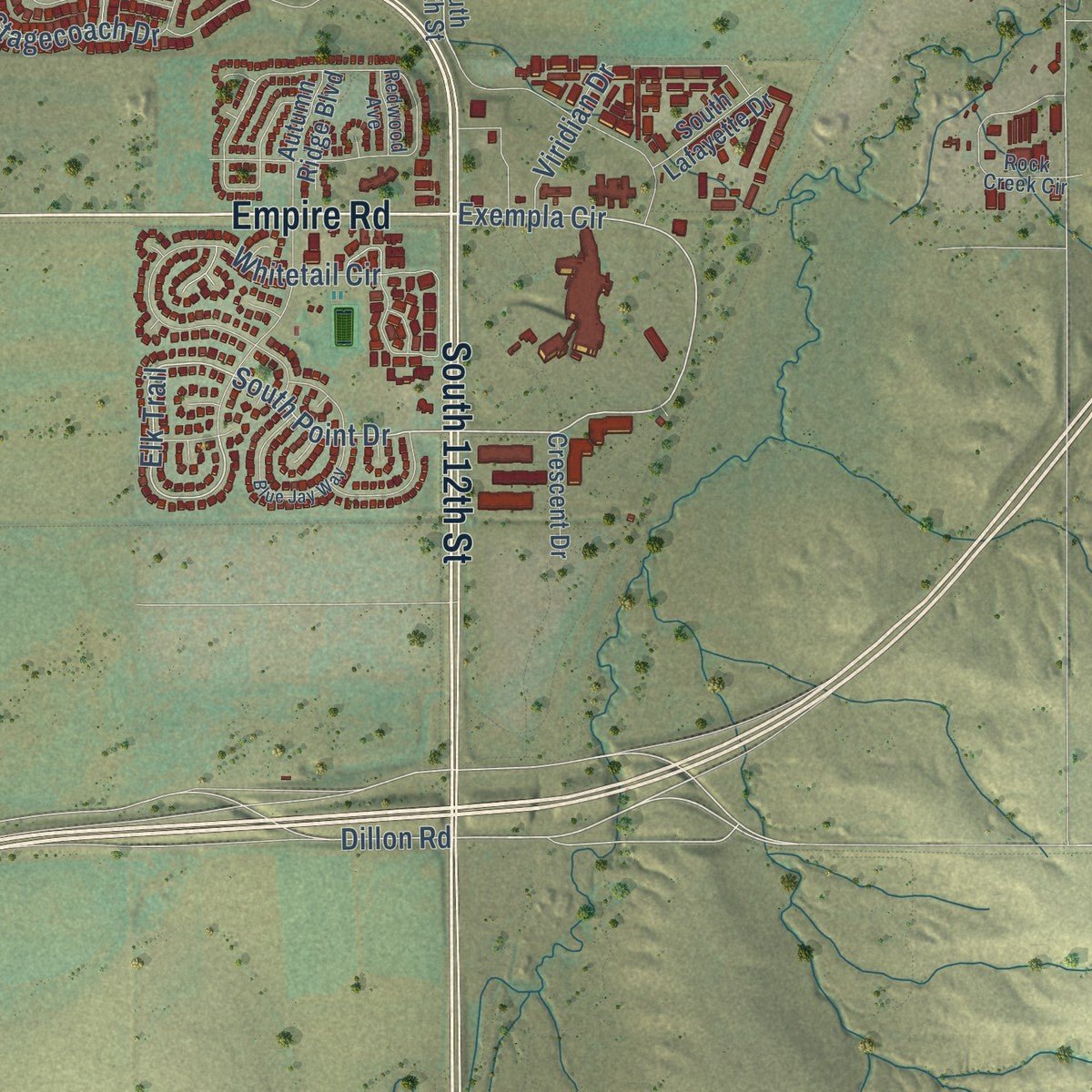 Second close-up of the map of Lafayette, Colorado print showing more streets and buildings