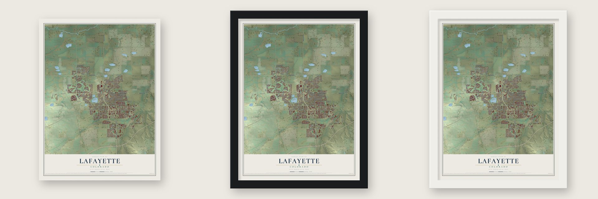 Lafayette, Colorado map unframed, in a black wood frame and in a white wood frame