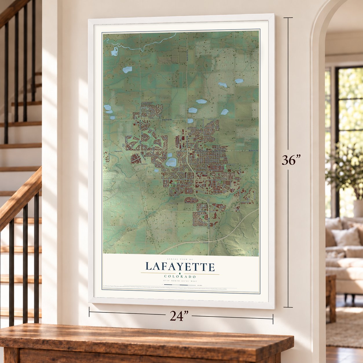 Lafayette, Colorado map, 24 x 36 inch print in a white frame by a staircase