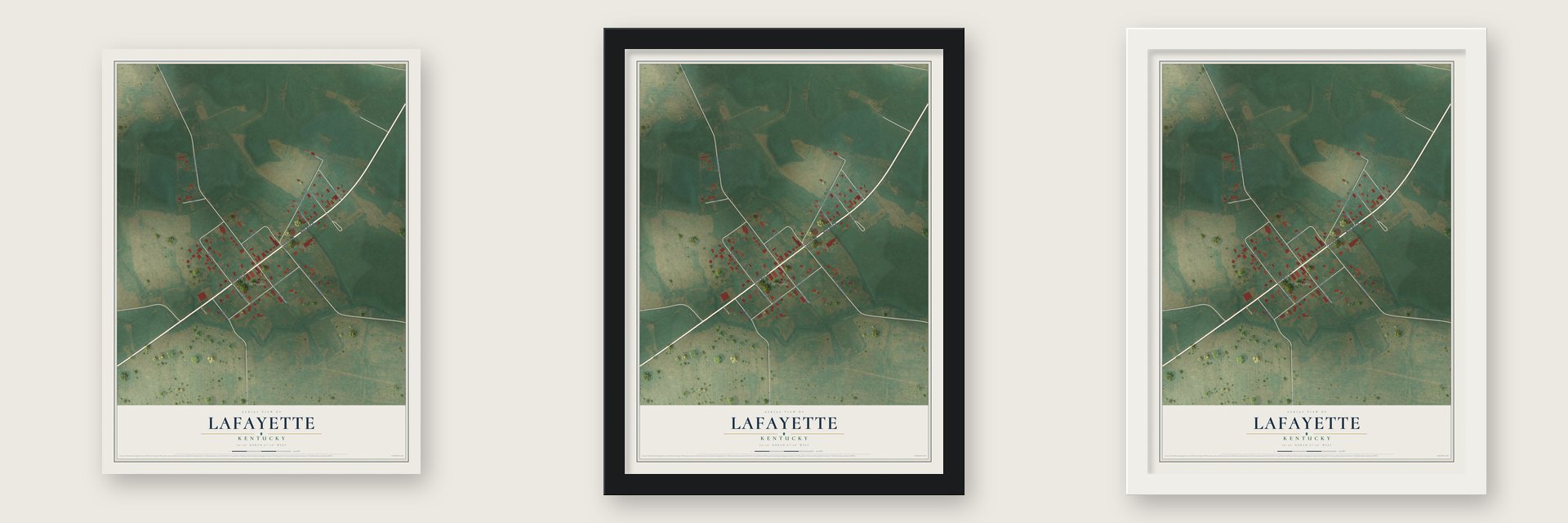 LaFayette, Kentucky map unframed, in a black wood frame and in a white wood frame