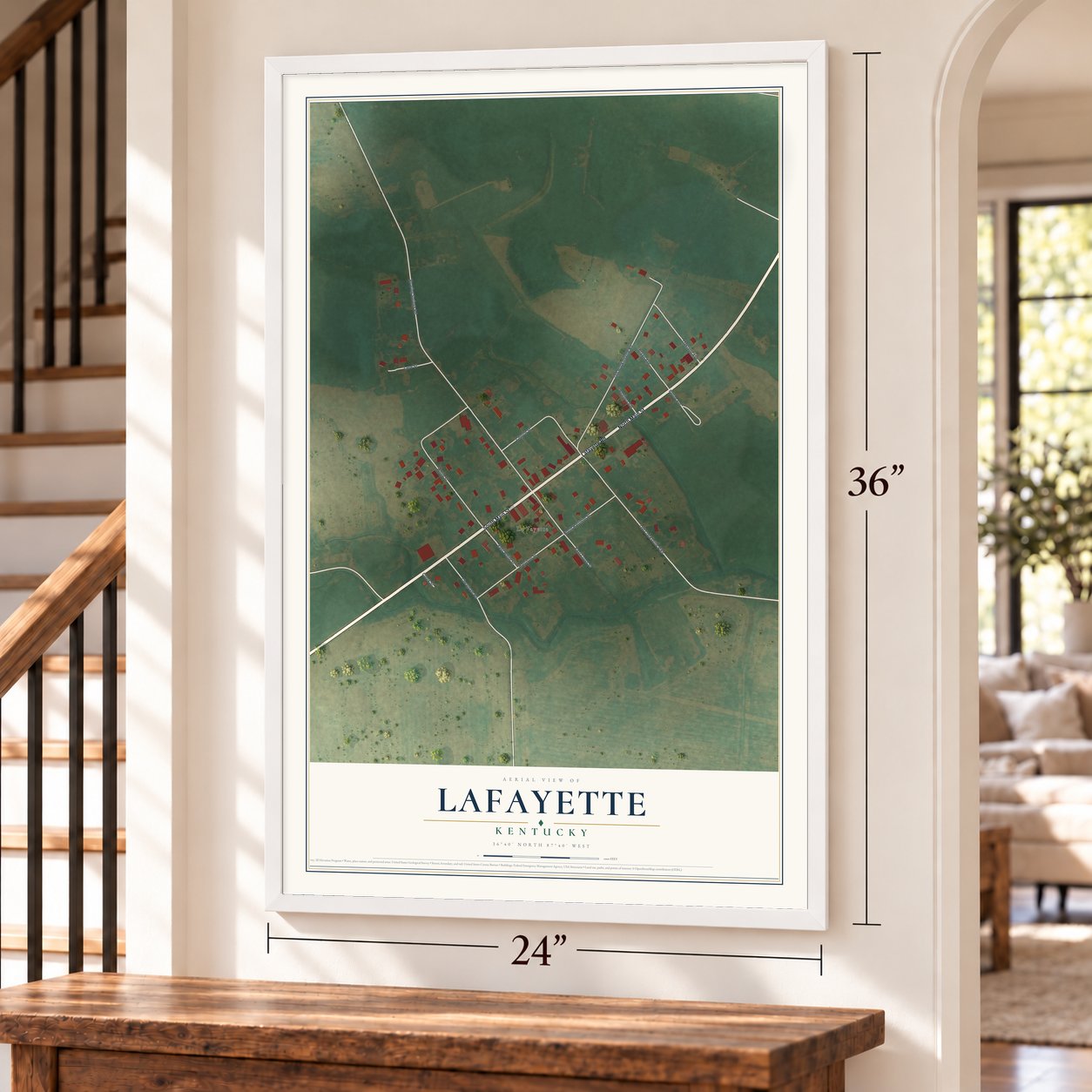 LaFayette, Kentucky map, 24 x 36 inch print in a white frame by a staircase