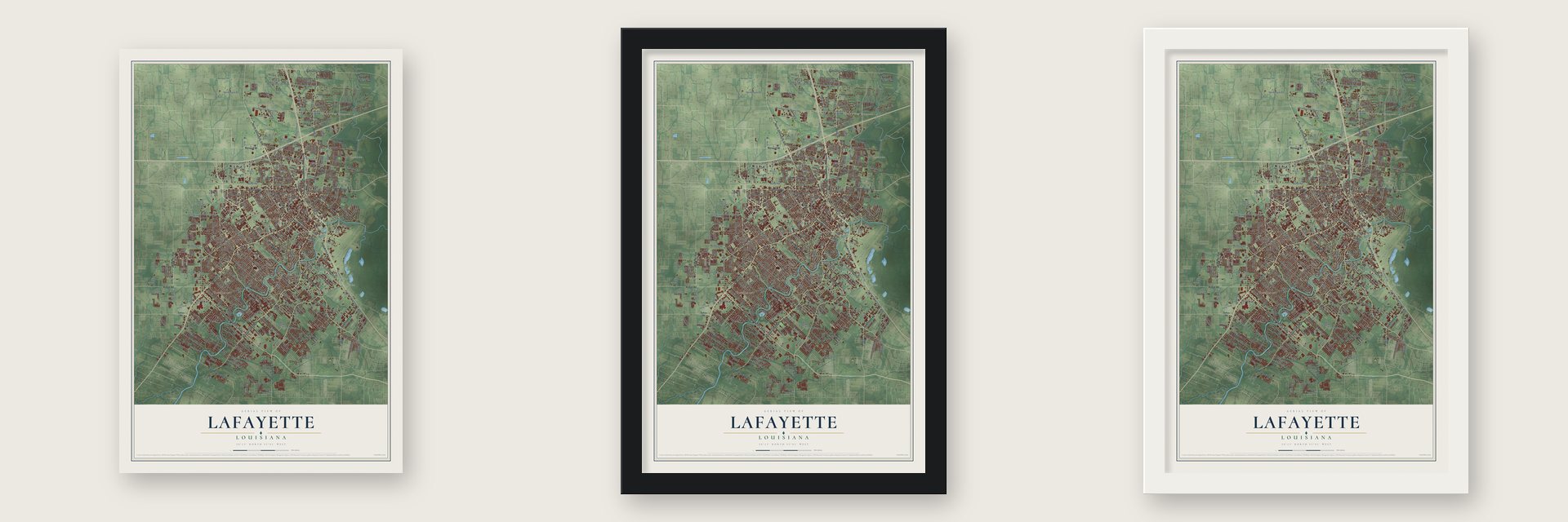 Lafayette, Louisiana map unframed, in a black wood frame and in a white wood frame