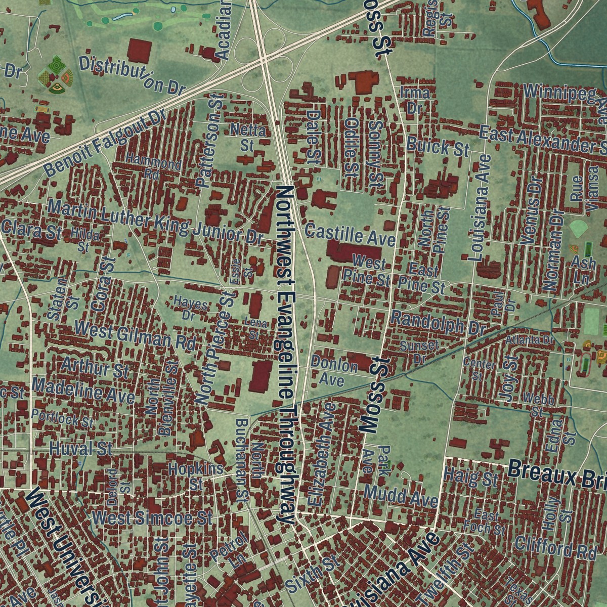 Second close-up of the map of Lafayette, Louisiana print showing more streets and buildings