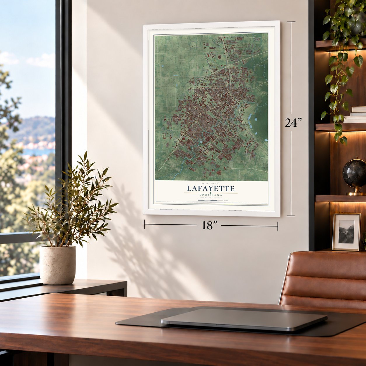 Lafayette, Louisiana map, 18 x 24 inch print in a white frame in a home office