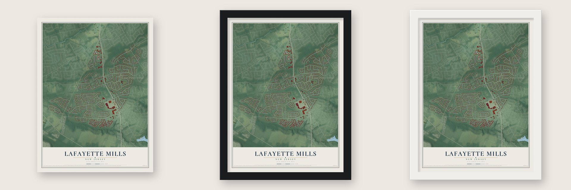 Lafayette Mills, New Jersey map unframed, in a black wood frame and in a white wood frame