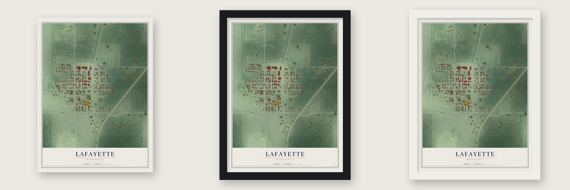 Lafayette, Minnesota map unframed, in a black wood frame and in a white wood frame