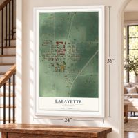 Lafayette, Minnesota map, 24 x 36 inch print in a white frame by a staircase