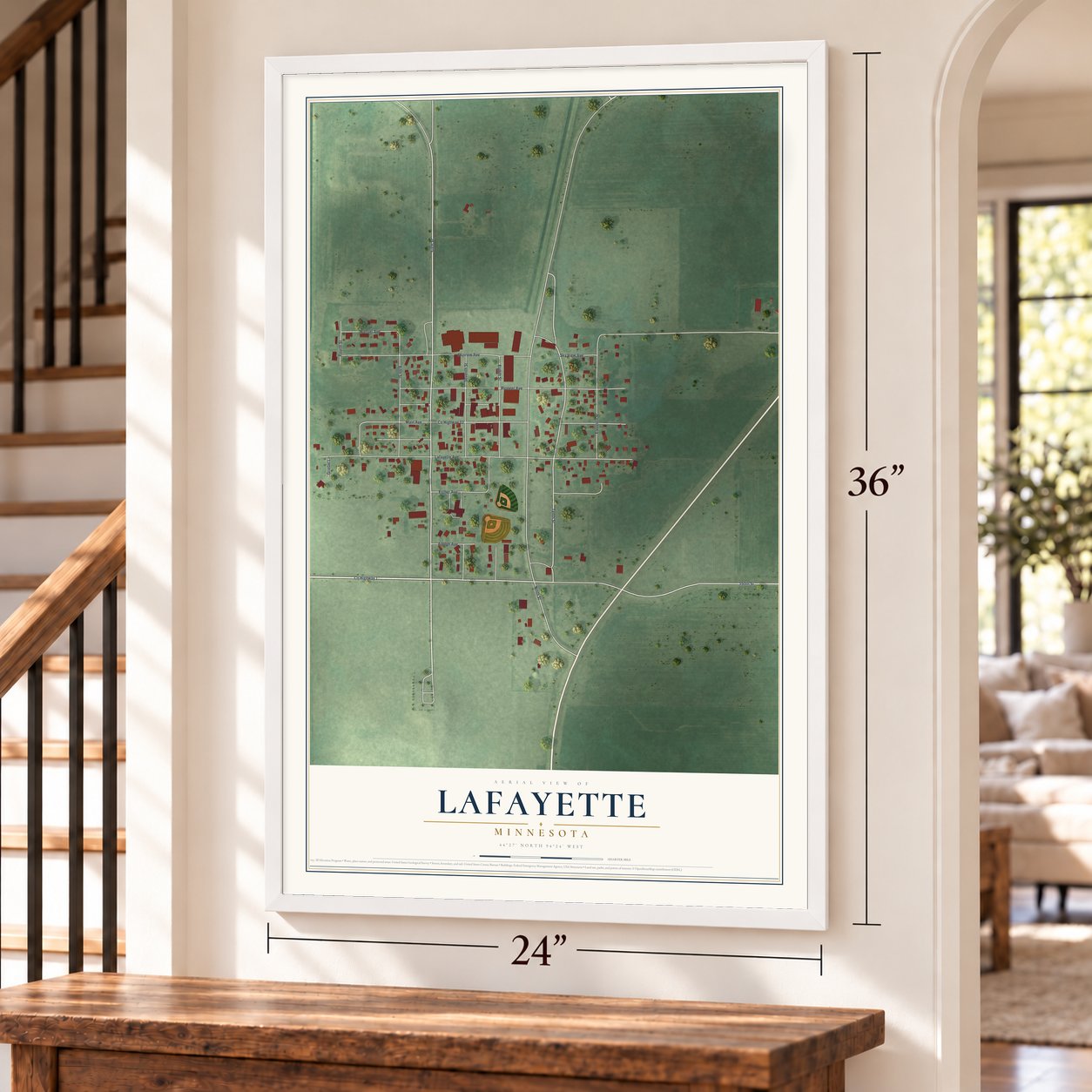 Lafayette, Minnesota map, 24 x 36 inch print in a white frame by a staircase