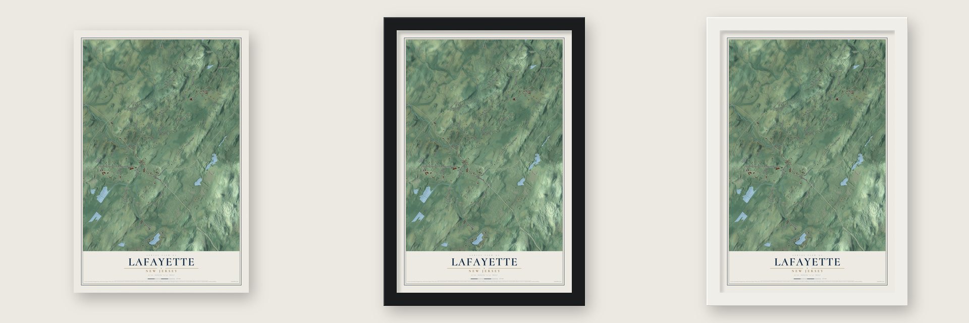 Lafayette, New Jersey map unframed, in a black wood frame and in a white wood frame