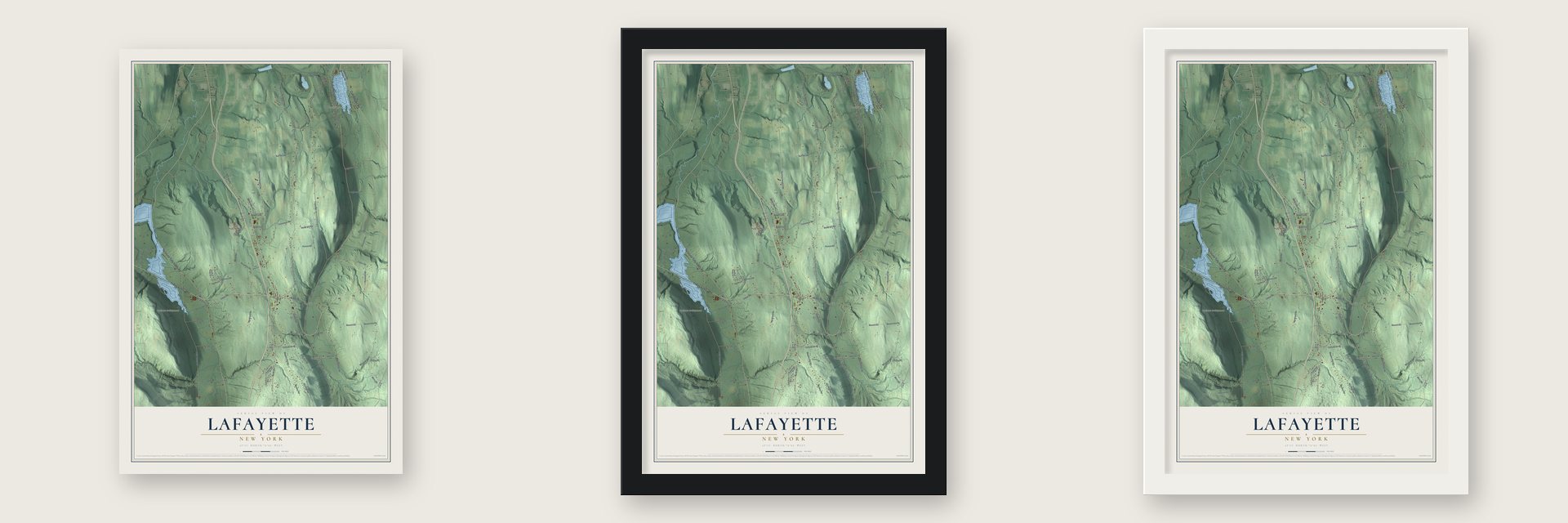LaFayette, New York map unframed, in a black wood frame and in a white wood frame