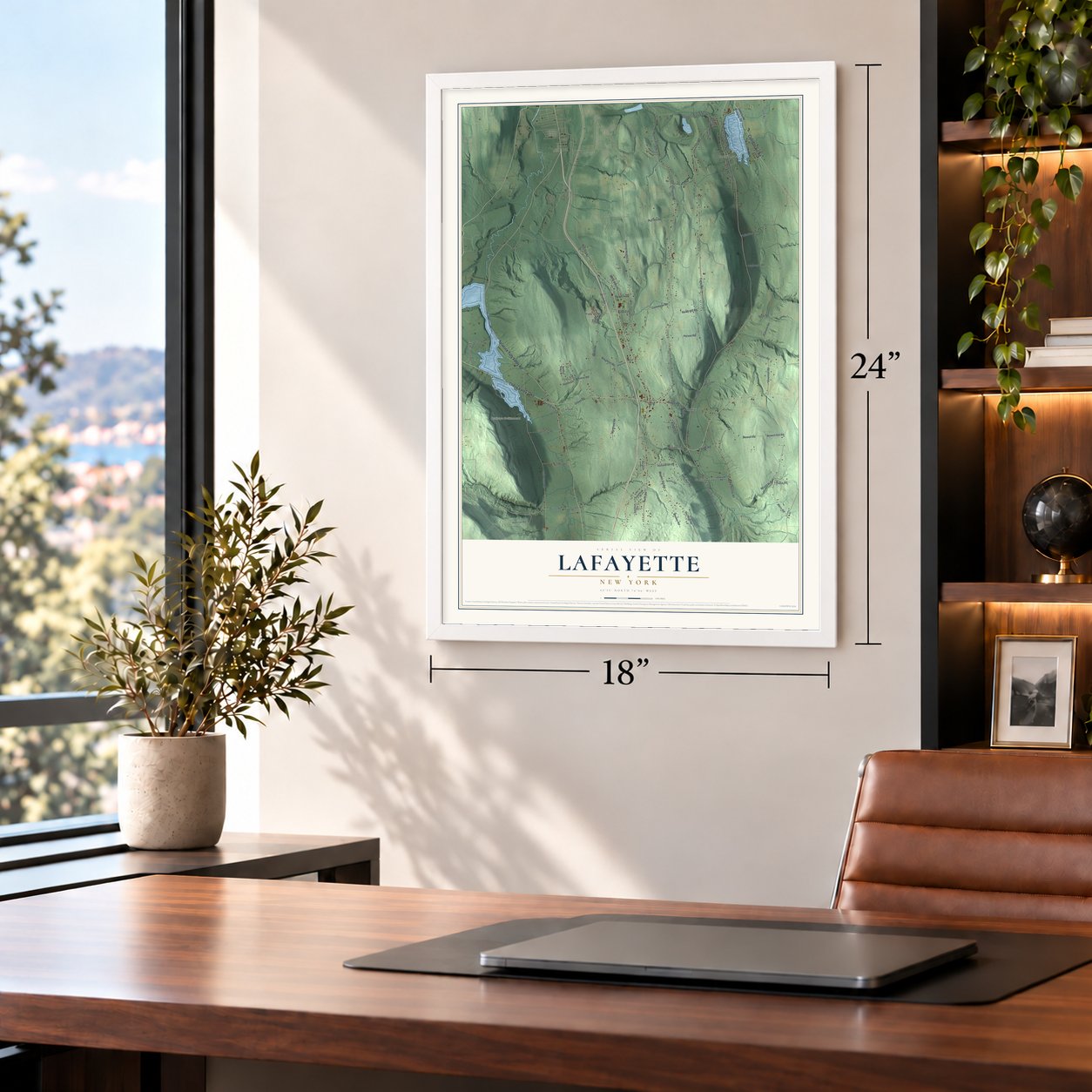 LaFayette, New York map, 18 x 24 inch print in a white frame in a home office