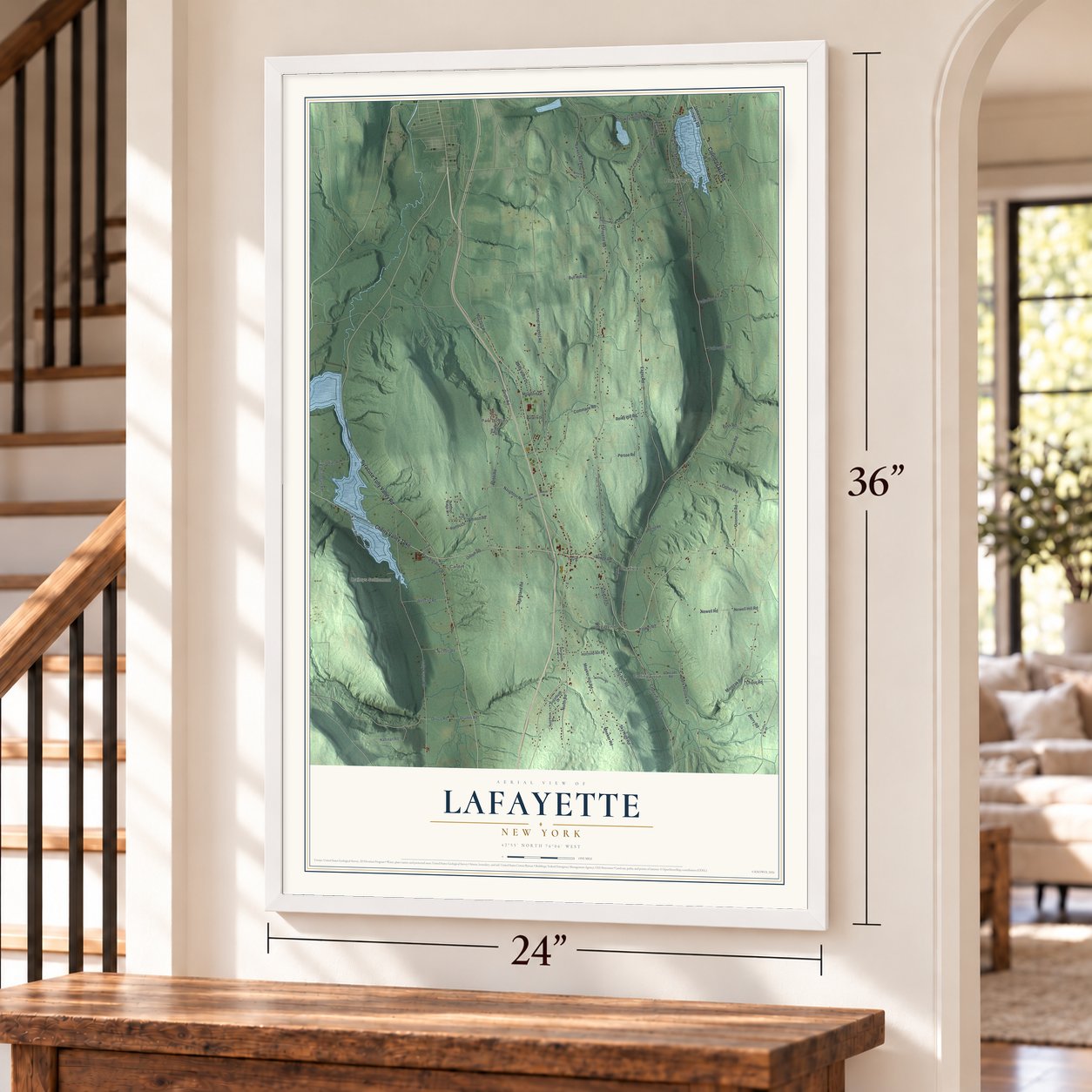 LaFayette, New York map, 24 x 36 inch print in a white frame by a staircase