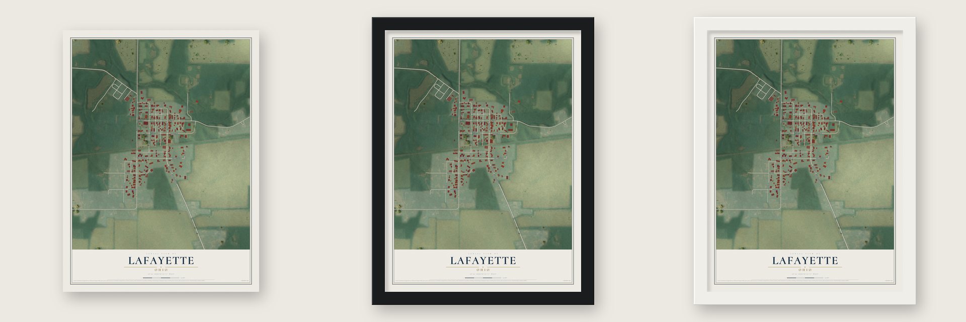 Lafayette, Ohio map unframed, in a black wood frame and in a white wood frame