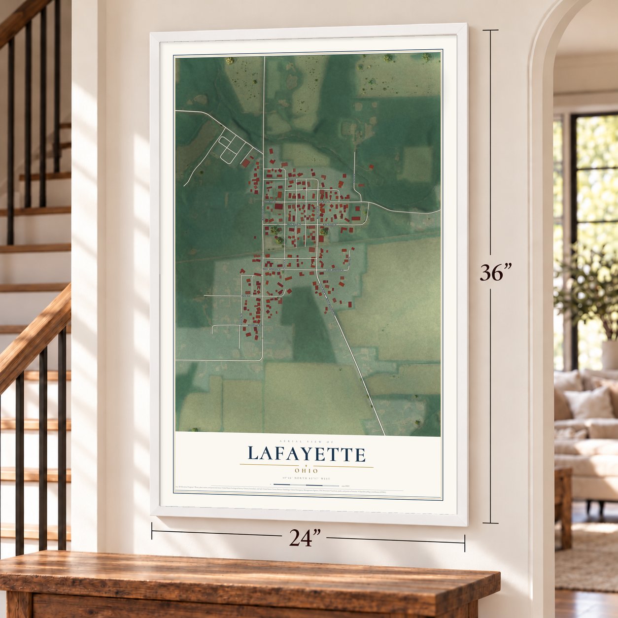 Lafayette, Ohio map, 24 x 36 inch print in a white frame by a staircase
