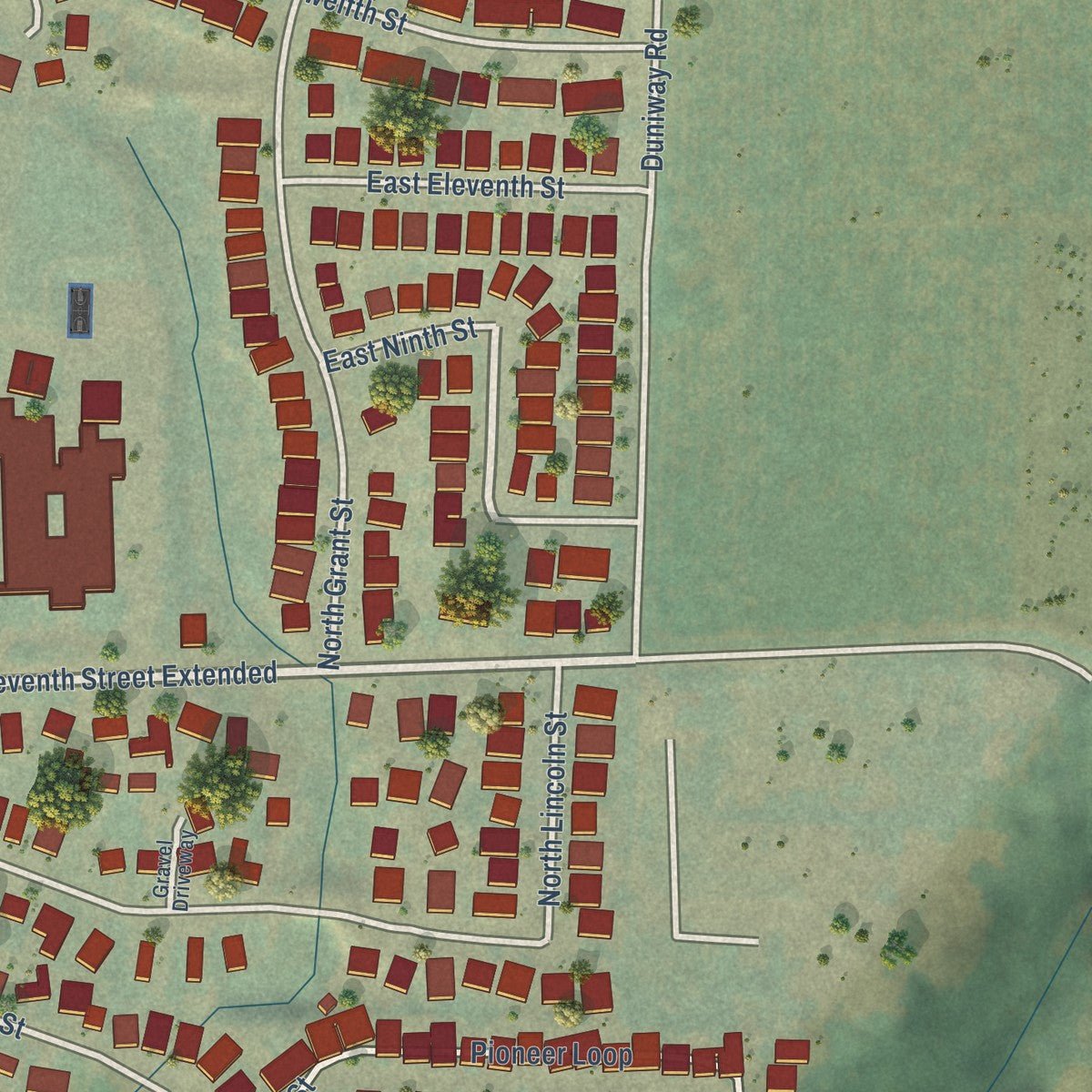 Second close-up of the map of Lafayette, Oregon print showing more streets and buildings