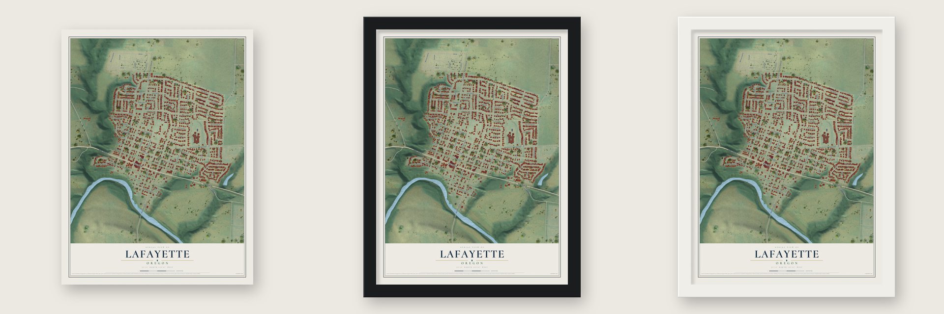 Lafayette, Oregon map unframed, in a black wood frame and in a white wood frame