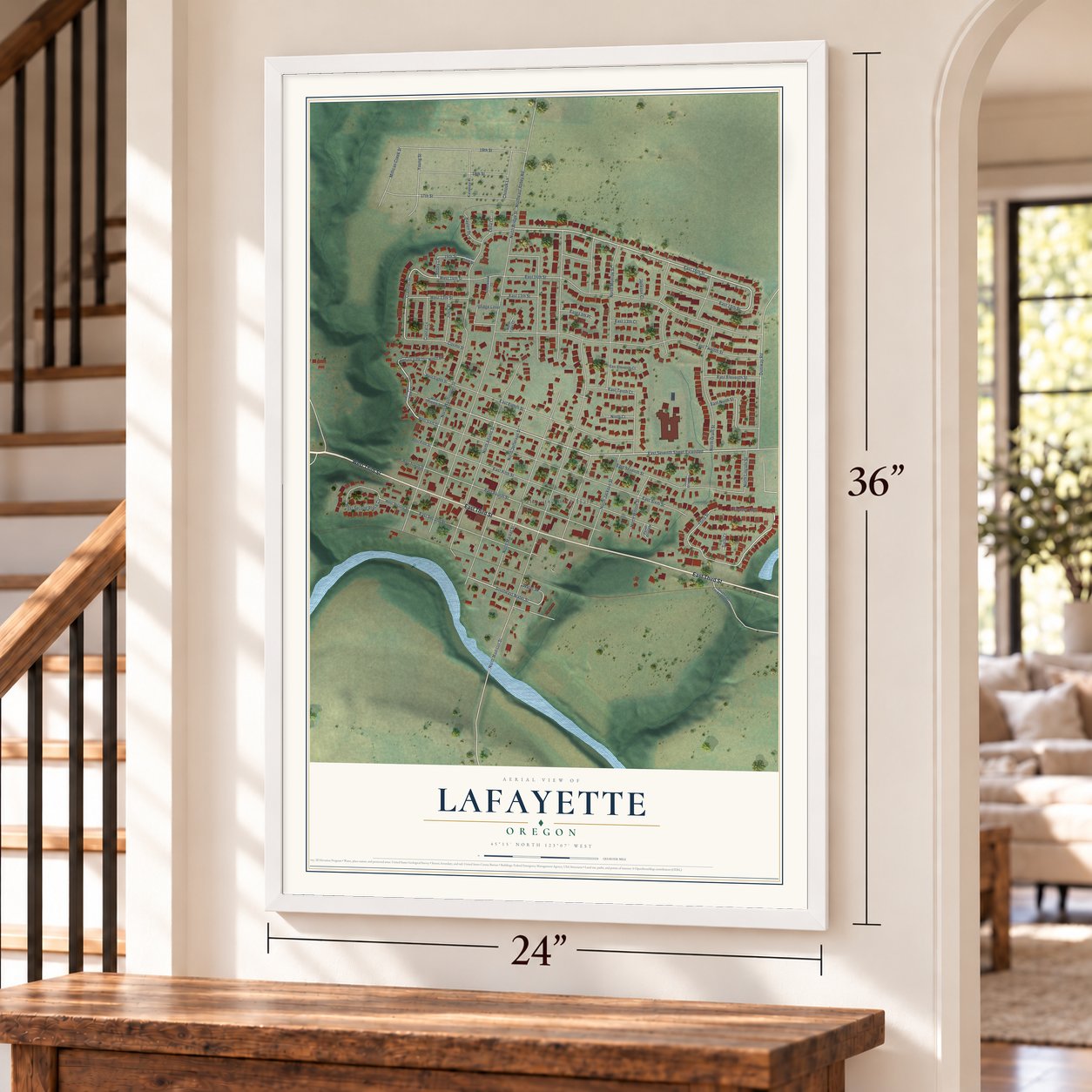 Lafayette, Oregon map, 24 x 36 inch print in a white frame by a staircase