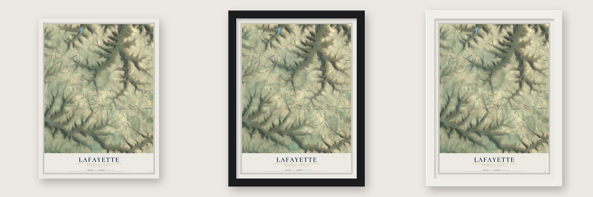 Lafayette, Pennsylvania map unframed, in a black wood frame and in a white wood frame