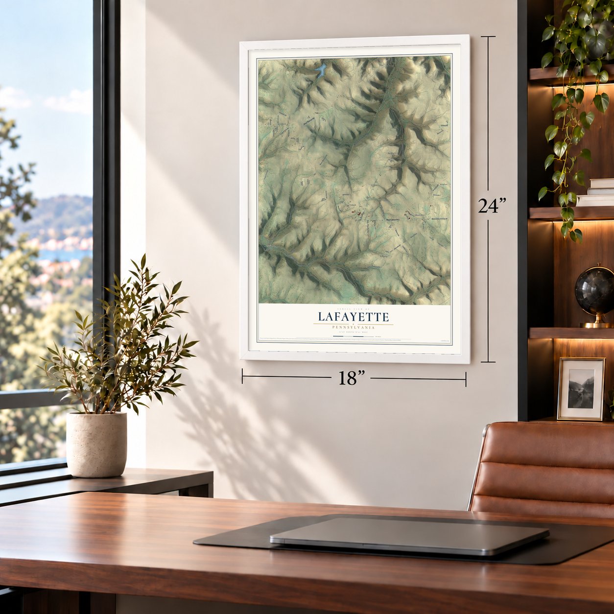 Lafayette, Pennsylvania map, 18 x 24 inch print in a white frame in a home office