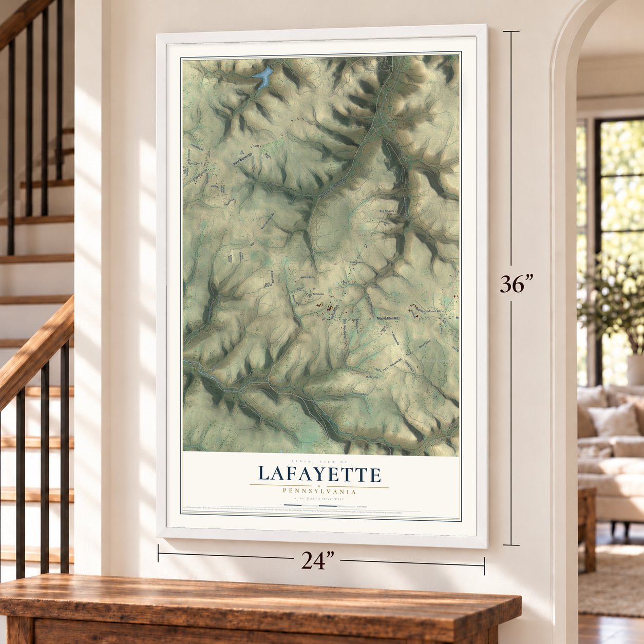 Lafayette, Pennsylvania map, 24 x 36 inch print in a white frame by a staircase