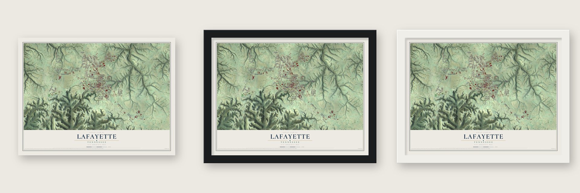 Lafayette, Tennessee map unframed, in a black wood frame and in a white wood frame