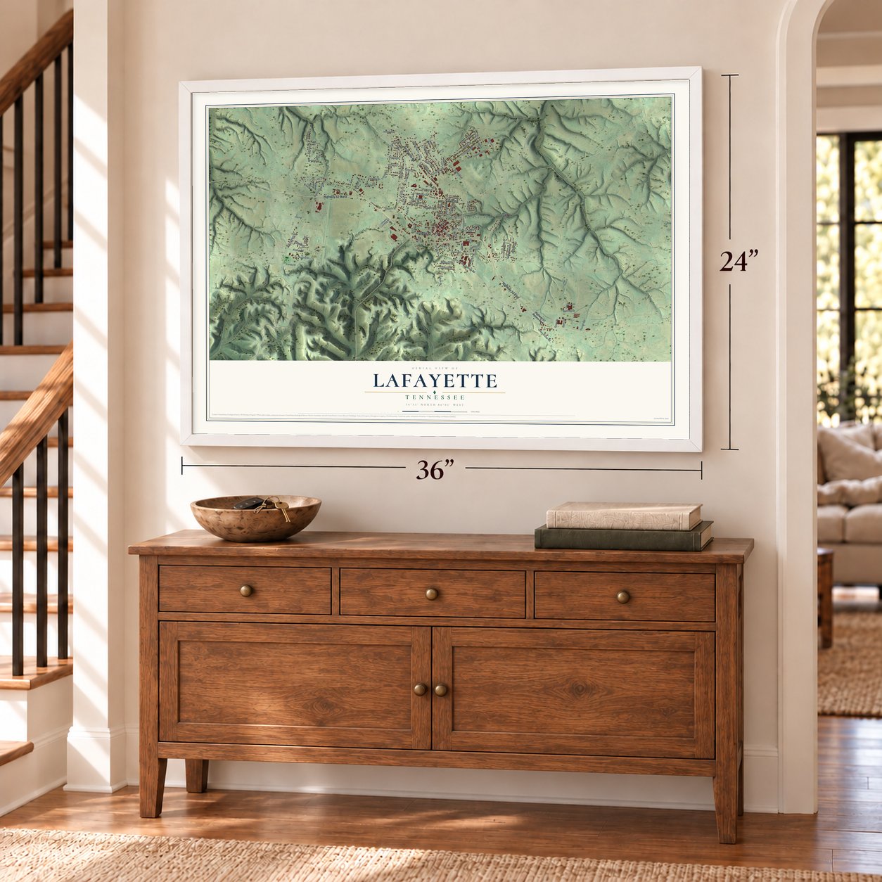 Lafayette, Tennessee map, 24 x 36 inch print in a white frame above a dresser by a staircase