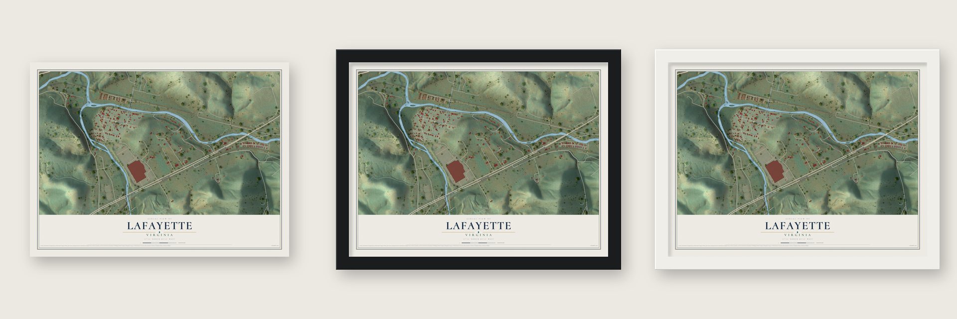 Lafayette, Virginia map unframed, in a black wood frame and in a white wood frame