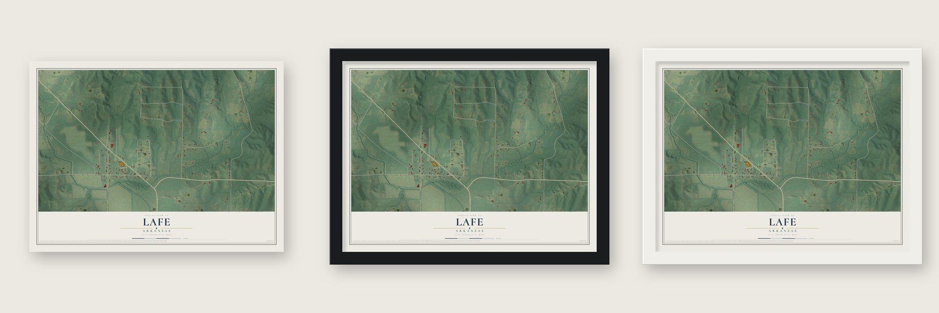 Lafe, Arkansas map unframed, in a black wood frame and in a white wood frame