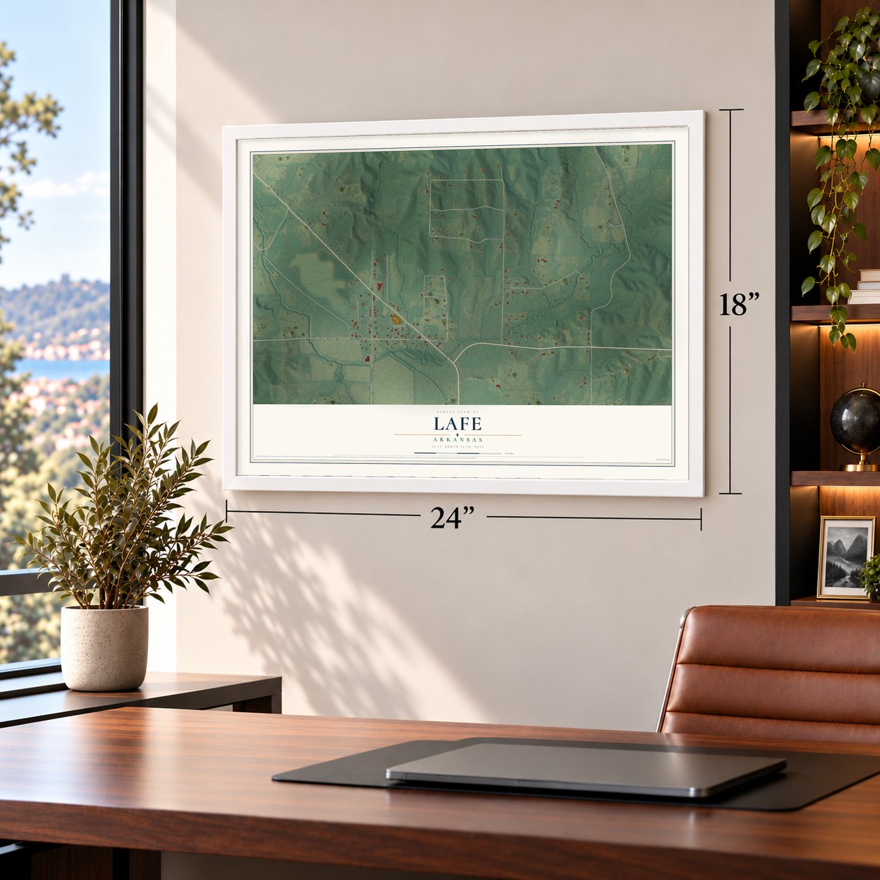 Lafe, Arkansas map, 18 x 24 inch print in a white frame in a home office