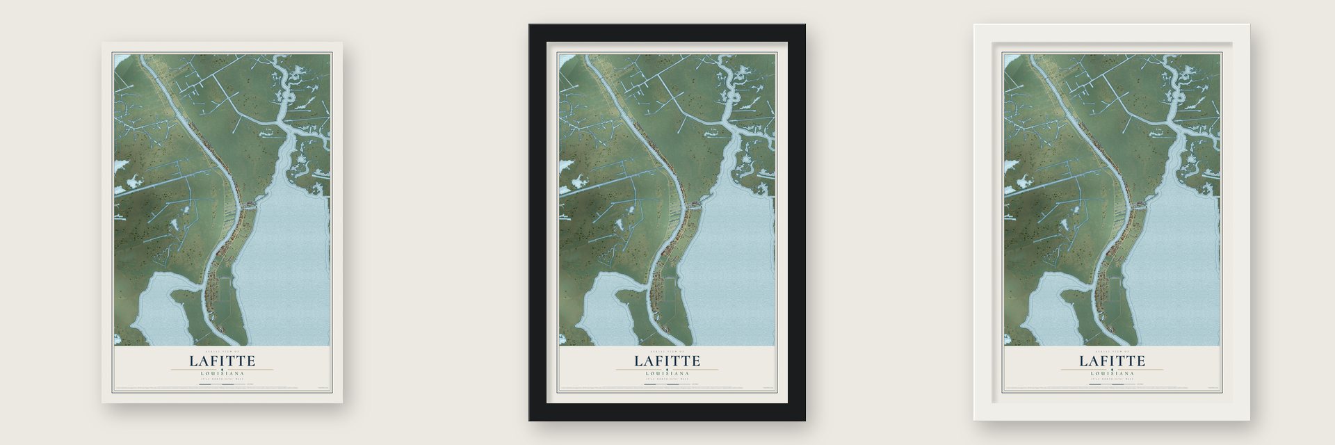 Lafitte, Louisiana map unframed, in a black wood frame and in a white wood frame