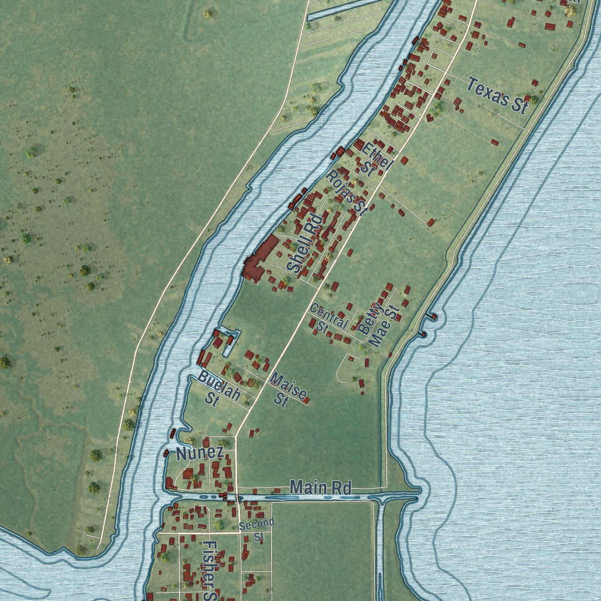 Second close-up of the map of Lafitte, Louisiana print showing more streets and buildings