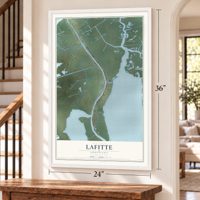 Lafitte, Louisiana map, 24 x 36 inch print in a white frame by a staircase