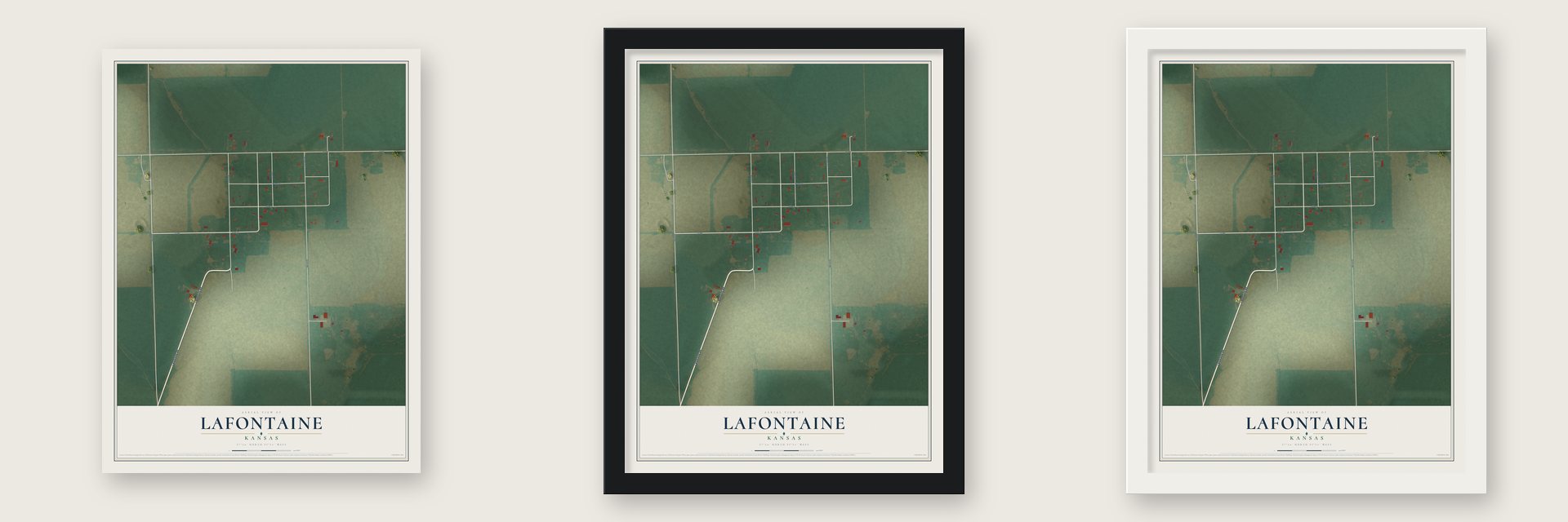 Lafontaine, Kansas map unframed, in a black wood frame and in a white wood frame