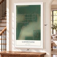 Lafontaine, Kansas map, 24 x 36 inch print in a white frame by a staircase