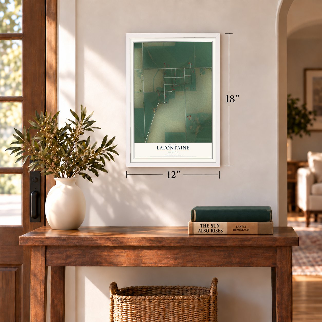 Lafontaine, Kansas map, 12 x 18 inch print in a white frame in an entryway