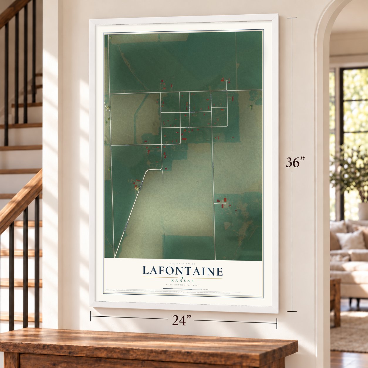 Lafontaine, Kansas map, 24 x 36 inch print in a white frame by a staircase