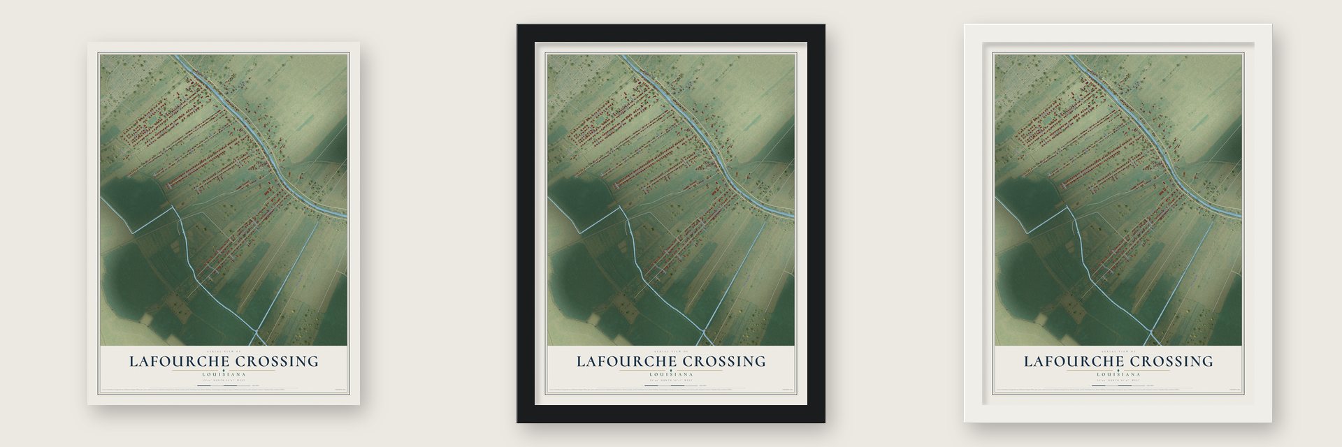 Lafourche Crossing, Louisiana map unframed, in a black wood frame and in a white wood frame