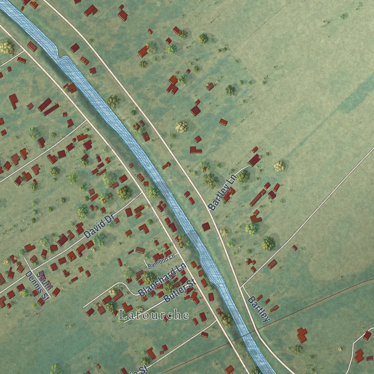 Second close-up of the map of Lafourche Crossing, Louisiana print showing more streets and buildings
