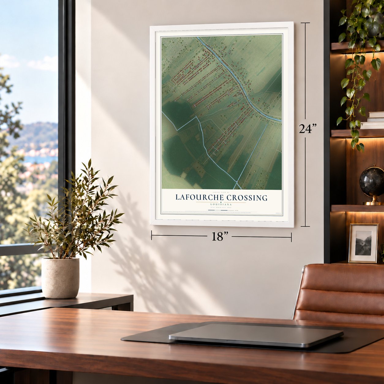 Lafourche Crossing, Louisiana map, 18 x 24 inch print in a white frame in a home office