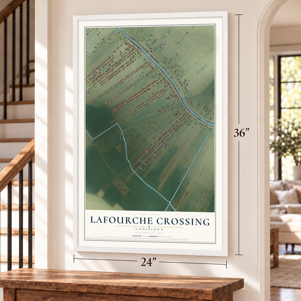 Lafourche Crossing, Louisiana map, 24 x 36 inch print in a white frame by a staircase
