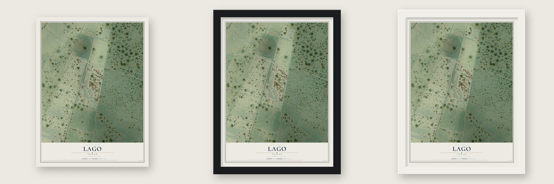 Lago, Texas map unframed, in a black wood frame and in a white wood frame