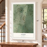 Lago, Texas map, 24 x 36 inch print in a white frame by a staircase