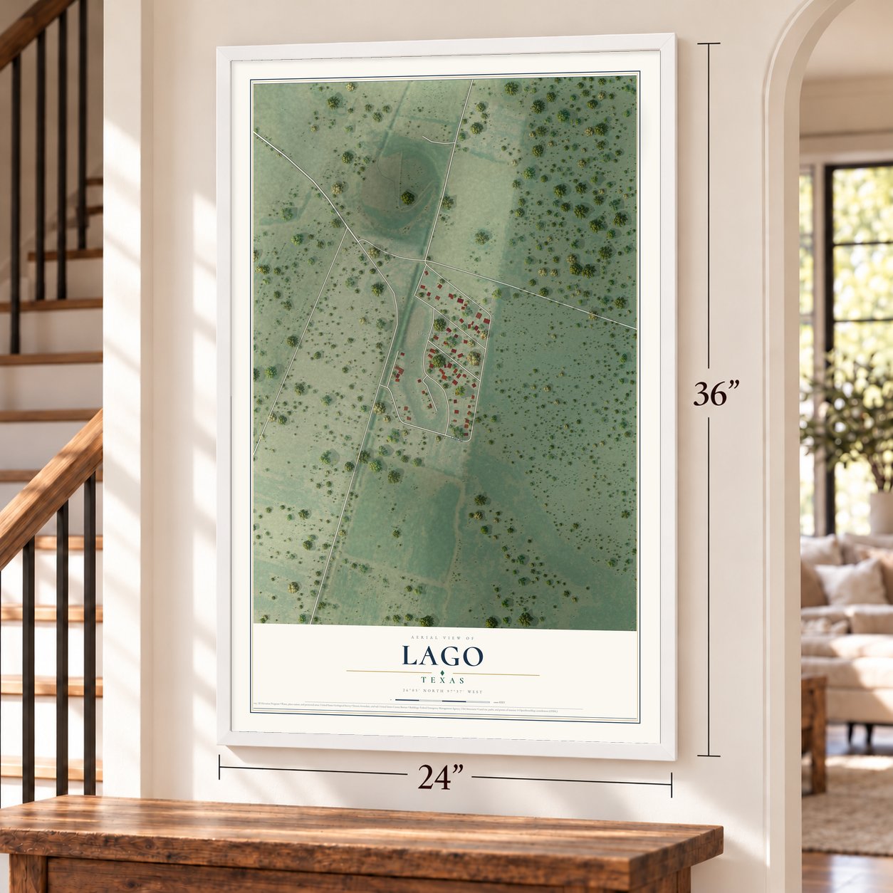 Lago, Texas map, 24 x 36 inch print in a white frame by a staircase