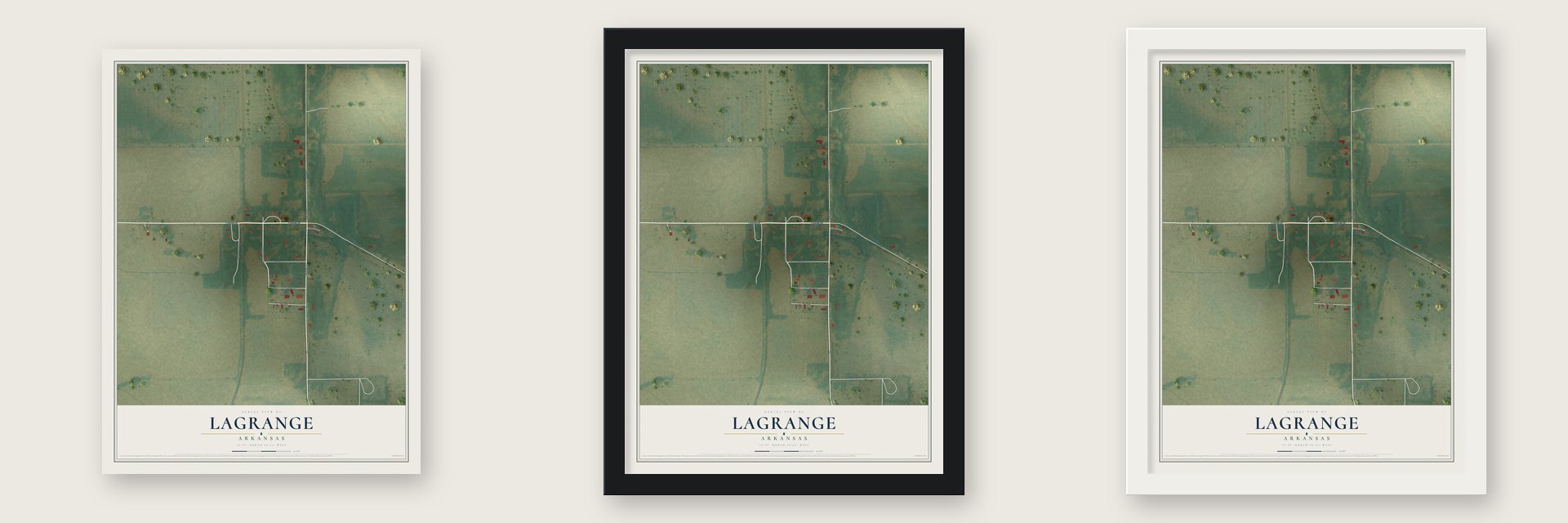 LaGrange, Arkansas map unframed, in a black wood frame and in a white wood frame
