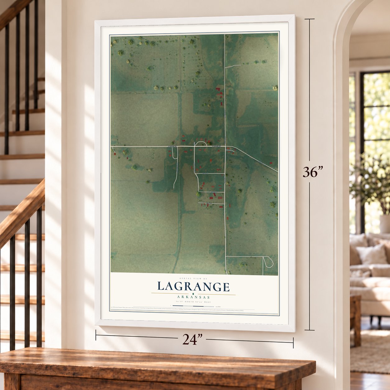 LaGrange, Arkansas map, 24 x 36 inch print in a white frame by a staircase
