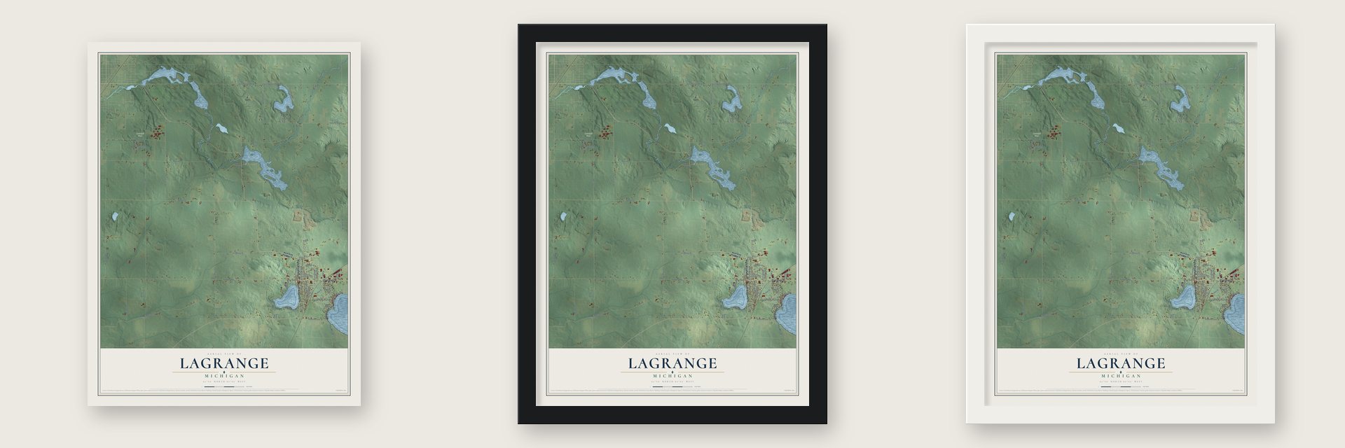 LaGrange, Michigan map unframed, in a black wood frame and in a white wood frame
