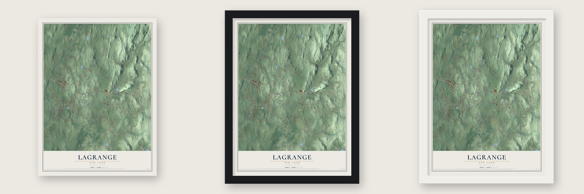 LaGrange, New York map unframed, in a black wood frame and in a white wood frame